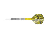 Tungsten dart with knurled grip barrel and yellow patterned flights, full side view on white for dart equipment buyers