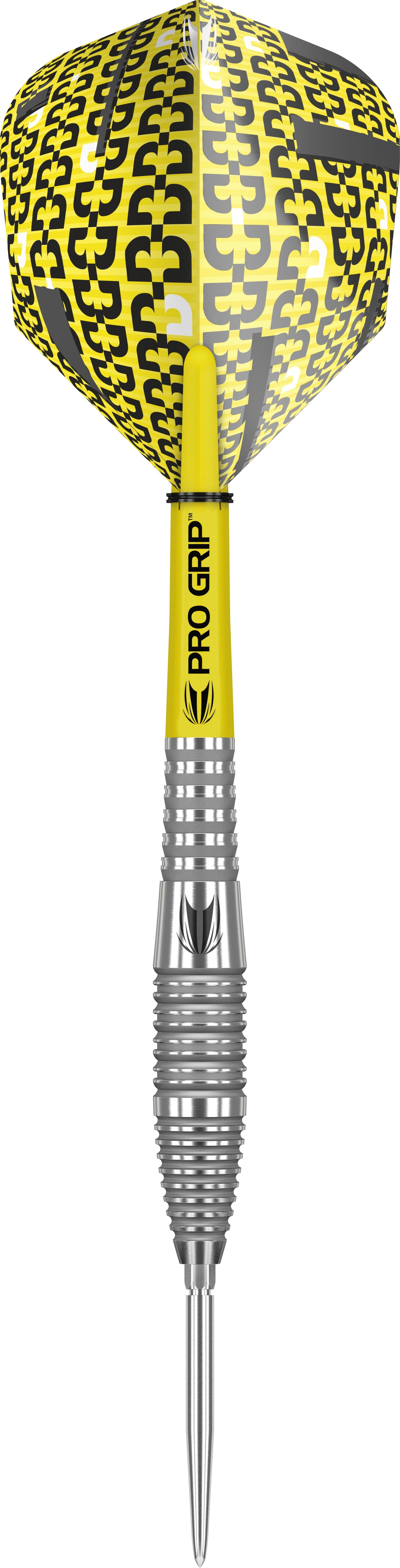 Steel tip dart with yellow Pro Grip shaft and graphic flight, featuring 90% tungsten ringed barrel, isolated on white background