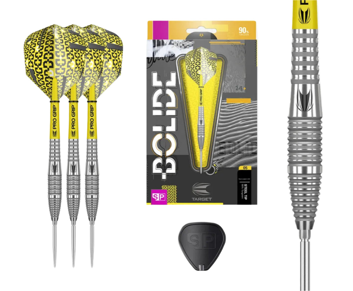 Steel tip tungsten darts set with yellow patterned flights, knurled barrels, retail packaging, spare tip, and barrel grip detail