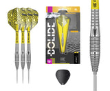 Steel tip tungsten darts set with yellow patterned flights, knurled barrels, retail packaging, spare tip, and barrel grip detail