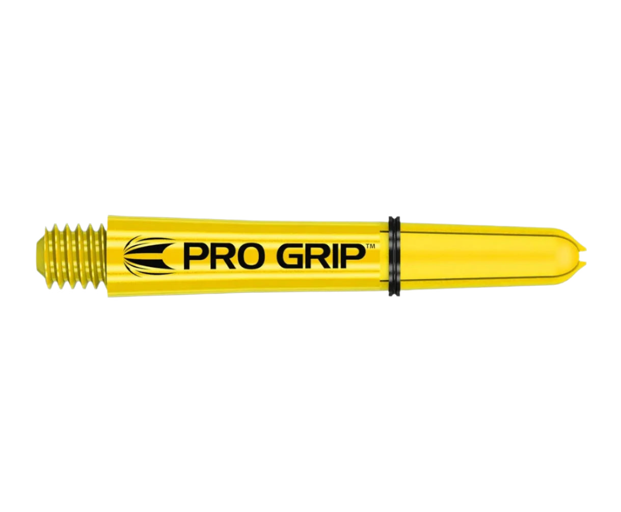 Yellow dart shaft with threaded tip, Pro Grip logo, and shaft rings shown in isolated full product view