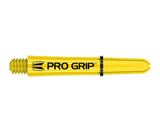 Yellow dart shaft with threaded tip, Pro Grip logo, and shaft rings shown in isolated full product view