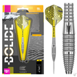 Steel tip dart in retail packaging with yellow Pro Grip flight, close-up of tungsten barrel grooves, full dart and detailed grip texture