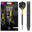 Steel tip tungsten darts set in retail packaging with Pro Grip shafts, barrel grip texture, and matching flight, isolated on white