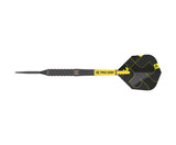 Tungsten dart full view on white, featuring knurled black barrel, yellow Pro Grip shaft, and black flight with yellow details