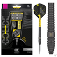 90% tungsten steel tip darts set shown in box, single dart displayed, close-up of grip rings and barrel grooves