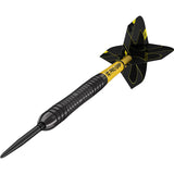 Angled close-up of tungsten dart on white background showing black grooved barrel, yellow shaft, and geometric black flight