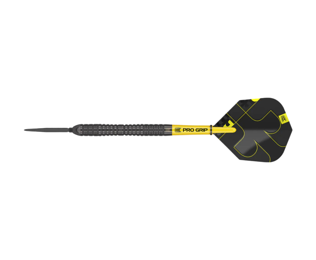 Full view tungsten dart on white background featuring precision grip, yellow Pro Grip shaft, and black flight with yellow geometric pattern