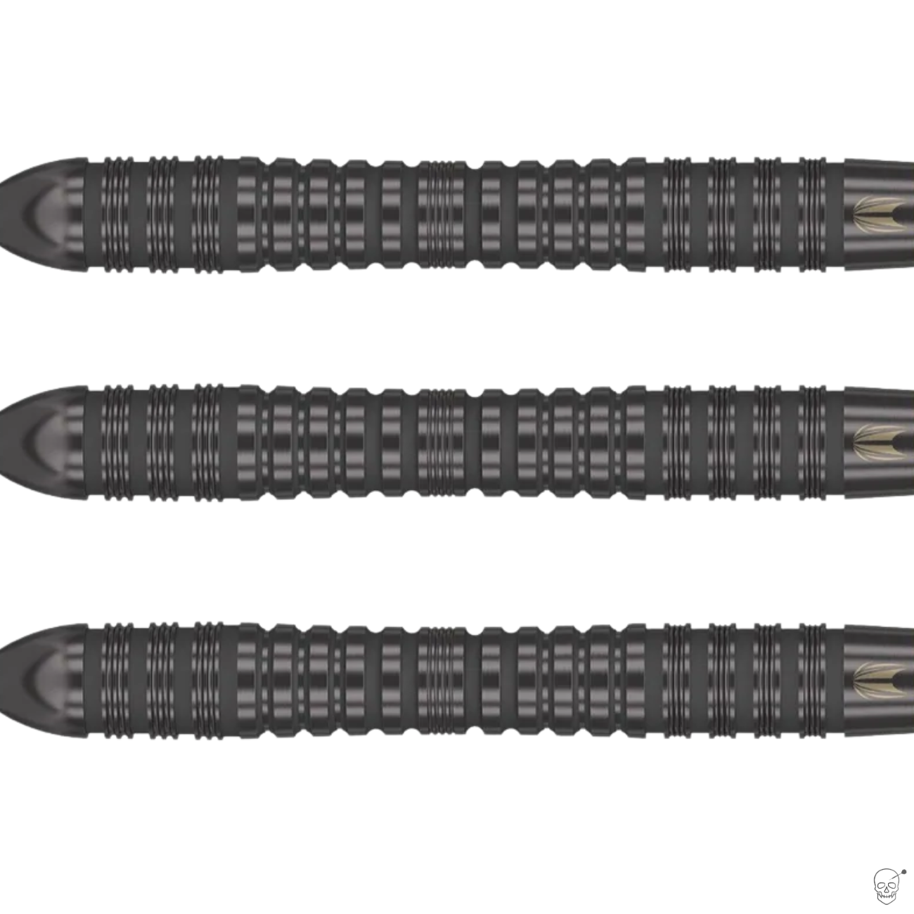 Close-up of three 90% tungsten dart barrels side by side, showing detailed black grooved grip design on white background