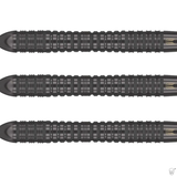 Close-up of three 90% tungsten dart barrels side by side, showing detailed black grooved grip design on white background