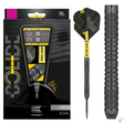 Steel tip tungsten darts set in retail packaging, close-up of black barrel with ringed grip, Pro Grip flights, displayed on white background
