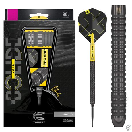 Steel tip tungsten darts set in retail packaging, close-up of black barrel with ringed grip, Pro Grip flights, displayed on white background
