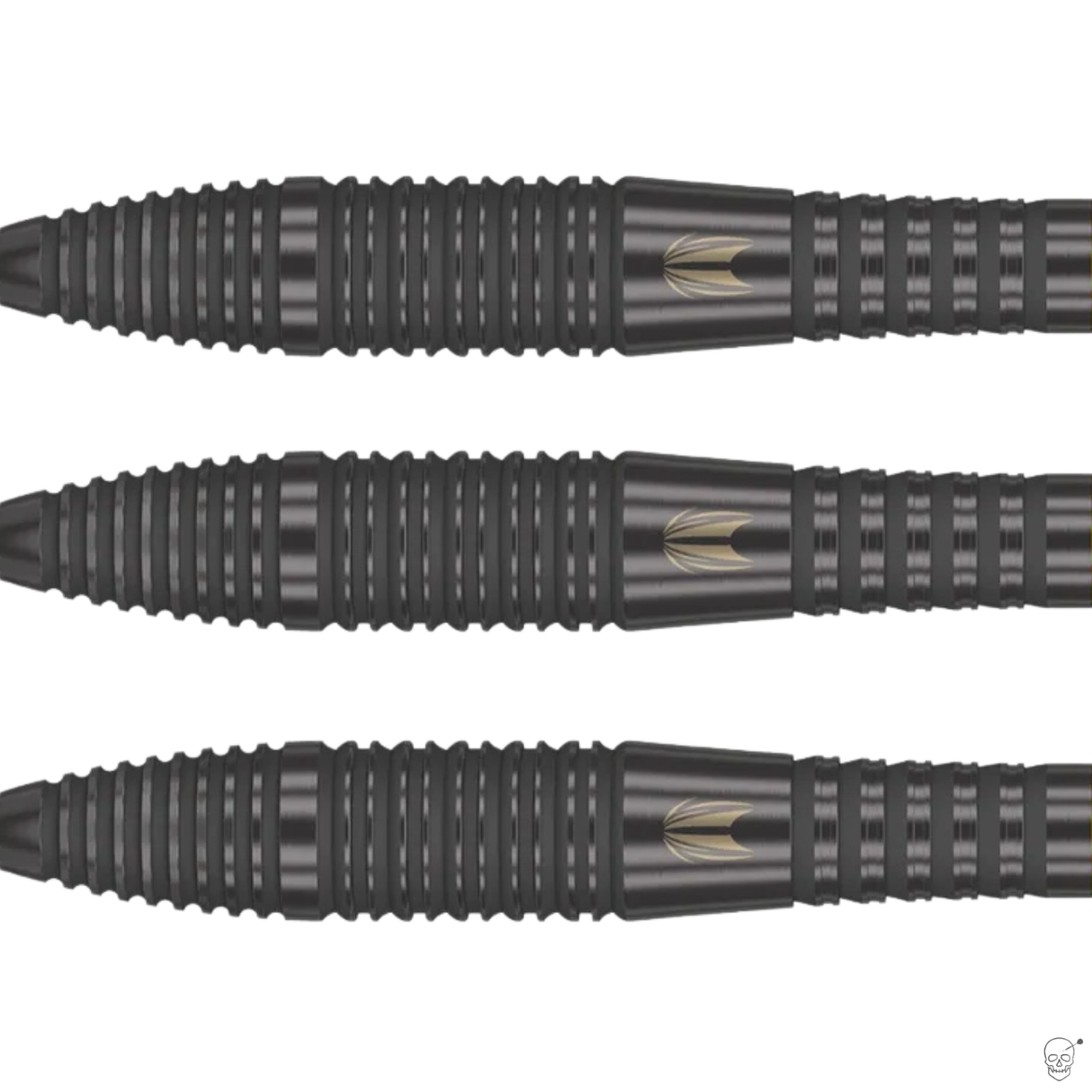 macro close-up of three 90% tungsten dart barrels showing precision grip rings and gold void engraving on black finish