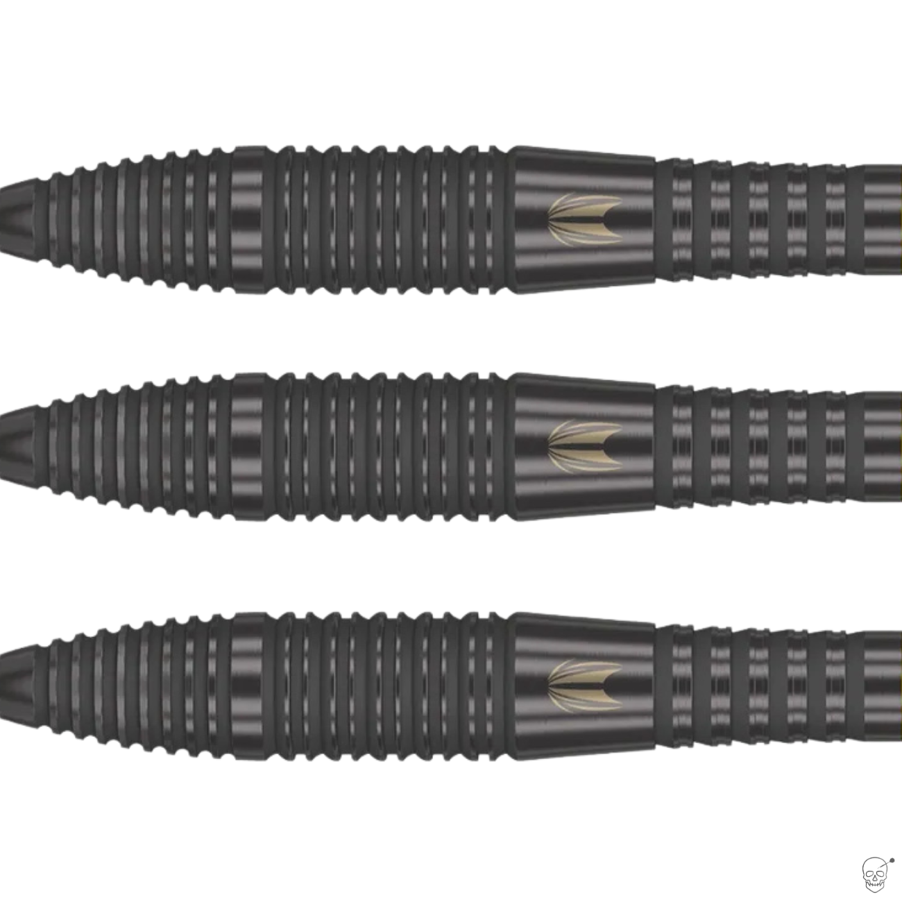 macro close-up of three 90% tungsten dart barrels showing precision grip rings and gold void engraving on black finish