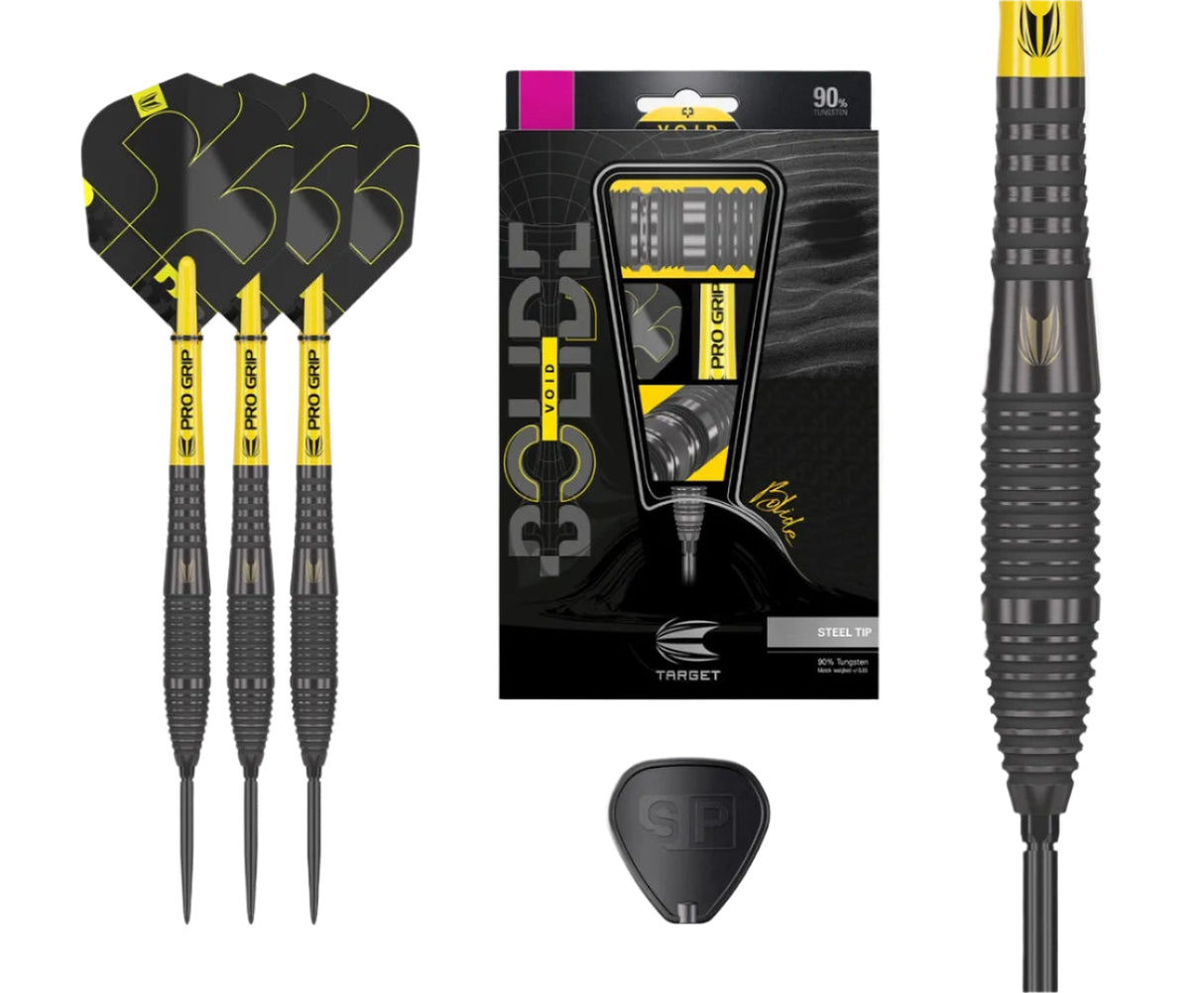 Bolide Void 05 tungsten darts set with retail box, close-up barrel grip texture, flights, and accessories on white background