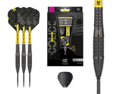 Bolide Void 05 tungsten darts set with retail box, close-up barrel grip texture, flights, and accessories on white background