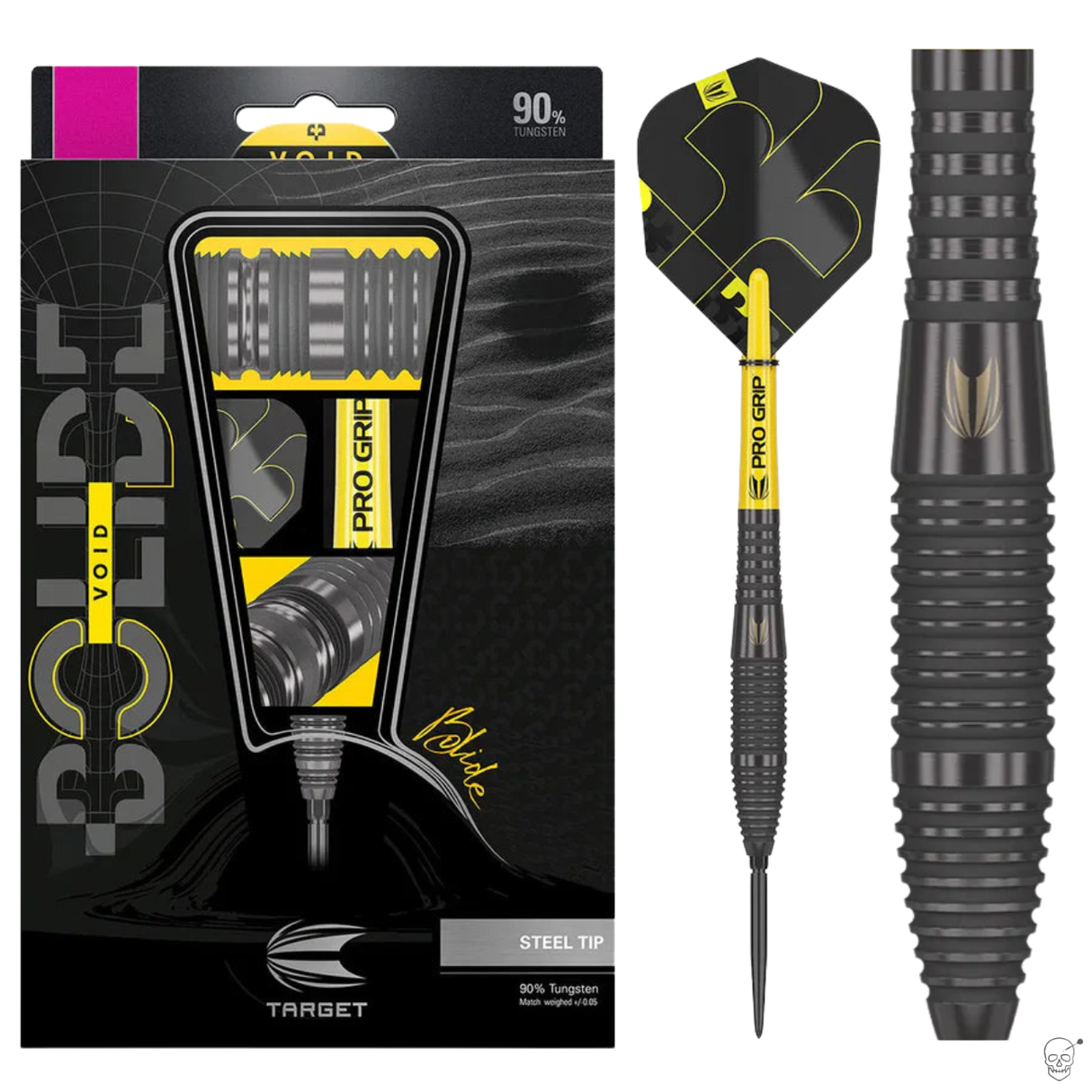 Tungsten steel tip dart set in retail packaging, full dart view with Pro Grip shaft and close-up of precision grooved barrel design