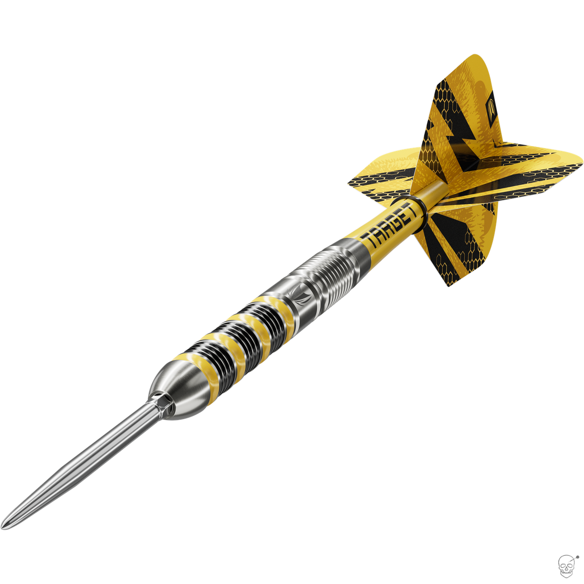 Target Buzz 01 dart – angled view of the straight yellow and black ringed barrel with flight and shaft fitted