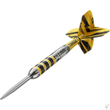 Target Buzz 01 dart – angled view of the straight yellow and black ringed barrel with flight and shaft fitted