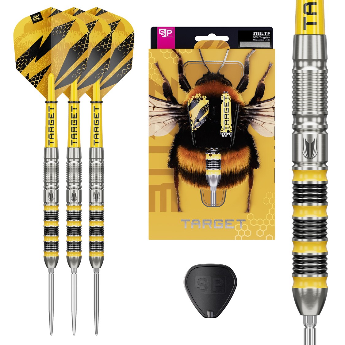 Target Buzz 01 darts set of three with retail packaging and barrel close-up