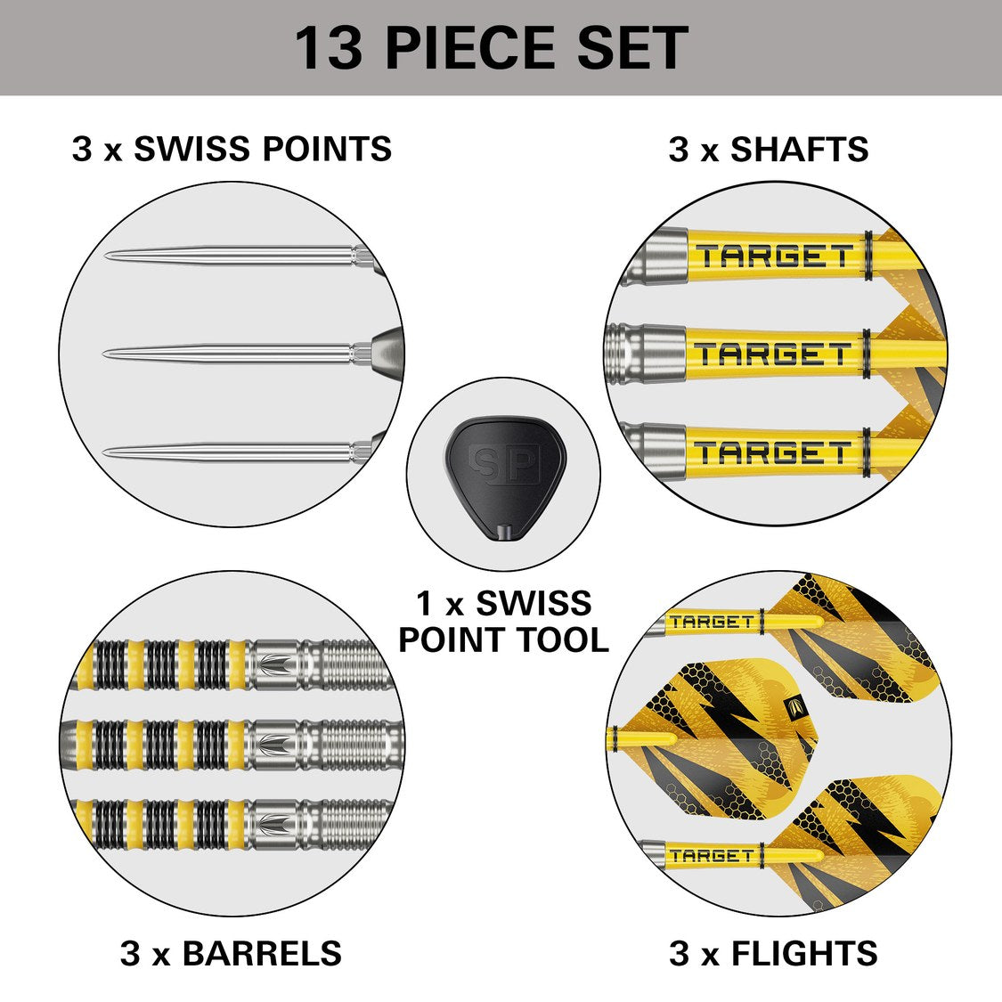 Target Buzz 01 set contents – barrels, Swiss Points, shafts, flights and Swiss Point tool
