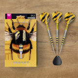 Target Buzz 01 darts with bumblebee packaging on a wooden table