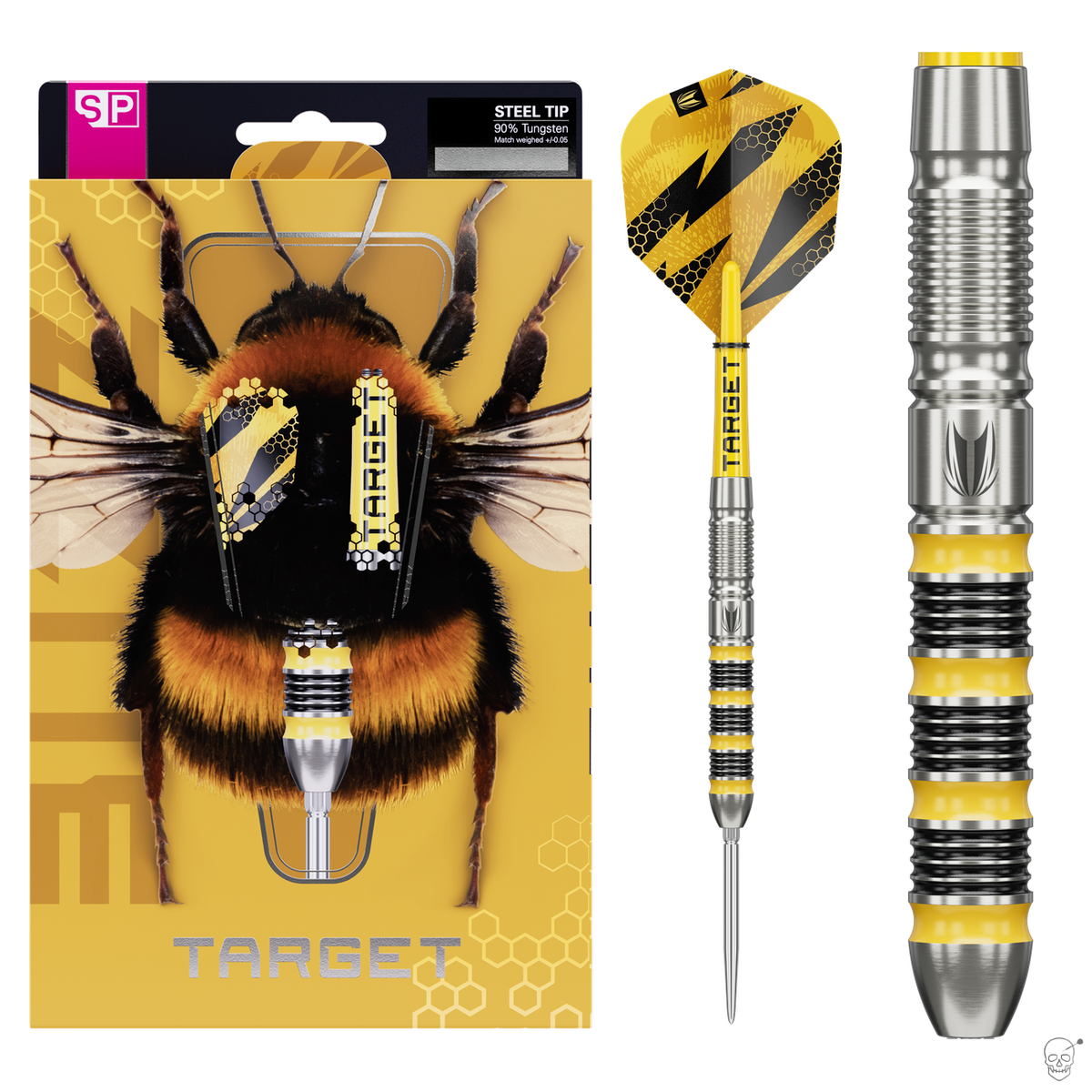 Target Buzz 01 90% tungsten Swiss Point darts – retail packaging with the full dart and a barrel close-up