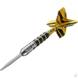 Target Buzz 02 dart – angled view of the straight yellow and black radial-grooved barrel with flight and shaft fitted