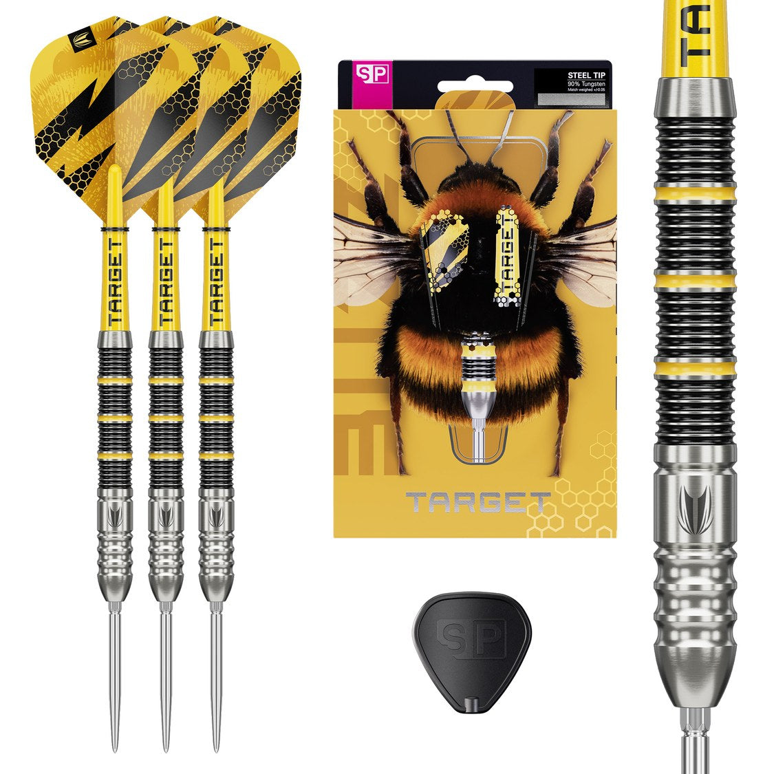 Target Buzz 02 darts set of three with retail packaging and barrel close-up