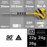 Target Buzz 02 specification – 30mm Swiss Point, 50.5mm barrel, 90% tungsten, 22g, 24g and 26g