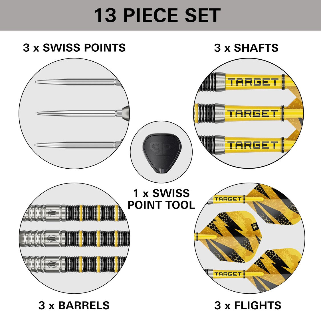 Target Buzz 02 set contents – barrels, Swiss Points, shafts, flights and Swiss Point tool