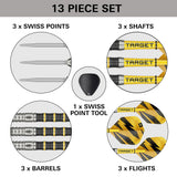 Target Buzz 02 set contents – barrels, Swiss Points, shafts, flights and Swiss Point tool