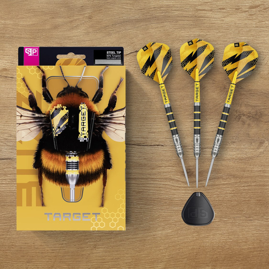 Target Buzz 02 darts with bumblebee packaging on a wooden table