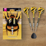 Target Buzz 02 darts with bumblebee packaging on a wooden table