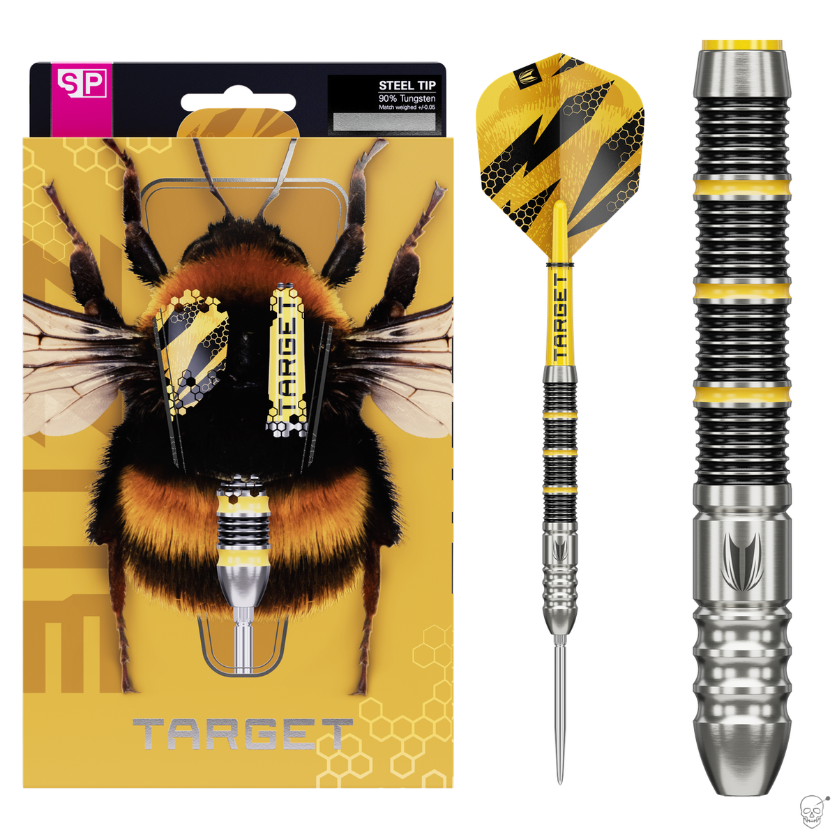 Target Buzz 02 90% tungsten Swiss Point darts – retail packaging with the full dart and a barrel close-up