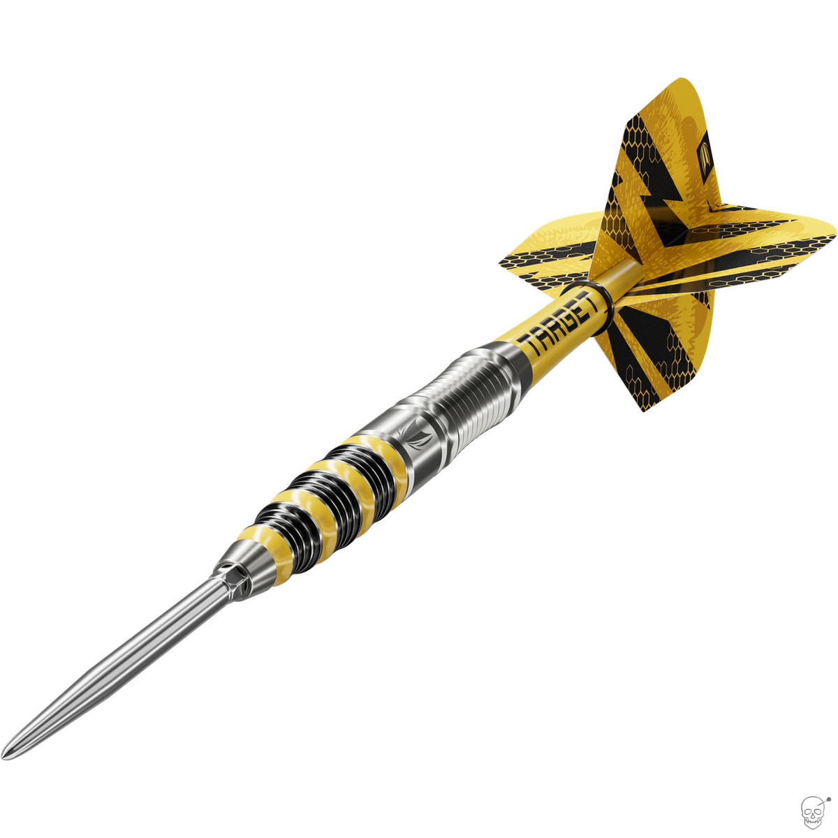 Target Buzz 03 dart – angled view of the front-tapered scalloped yellow and black barrel with flight and shaft fitted