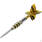 Target Buzz 03 dart – angled view of the front-tapered scalloped yellow and black barrel with flight and shaft fitted