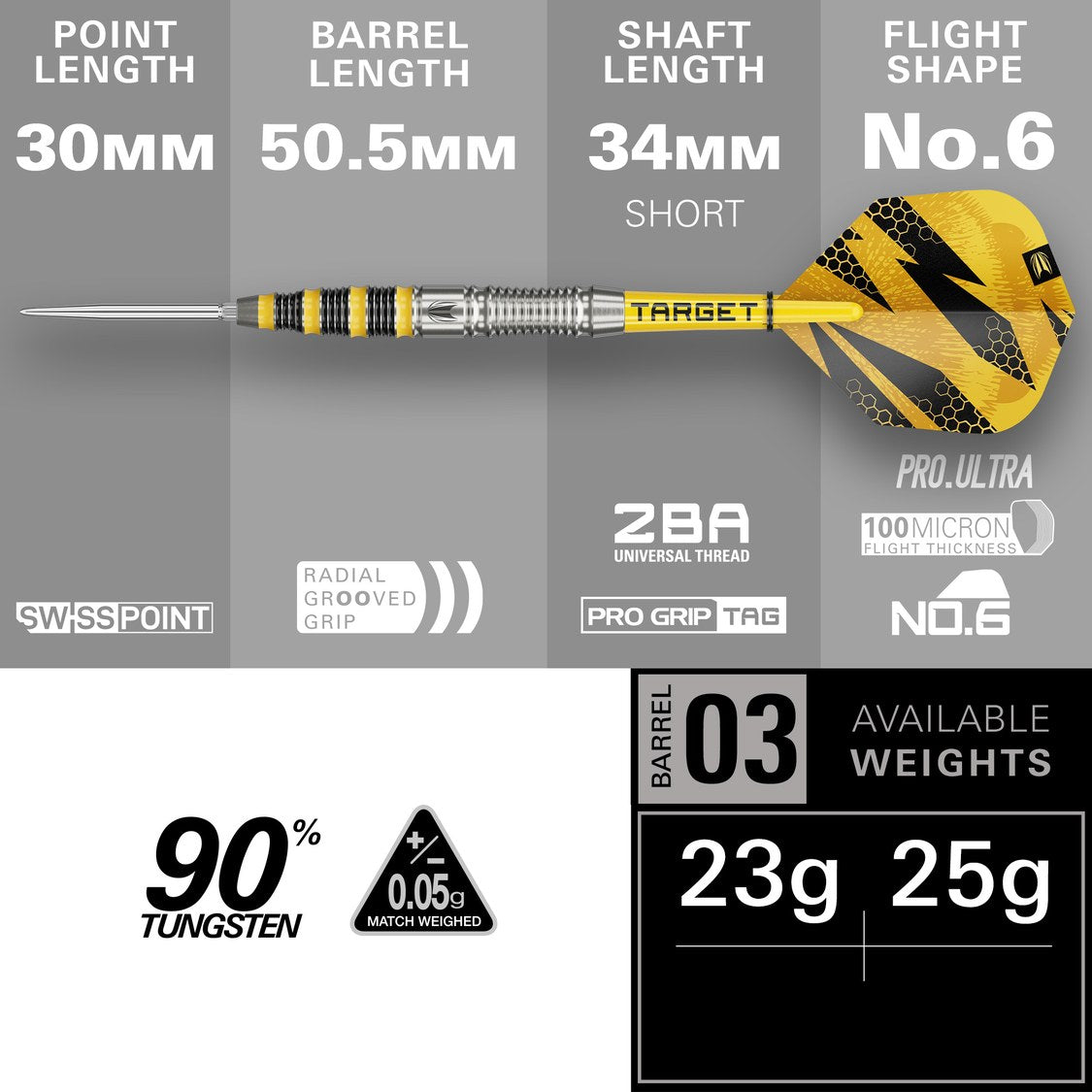 Target Buzz 03 specification – 30mm Swiss Point, 50.5mm barrel, 90% tungsten, 23g and 25g