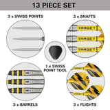 Target Buzz 03 set contents – barrels, Swiss Points, shafts, flights and Swiss Point tool