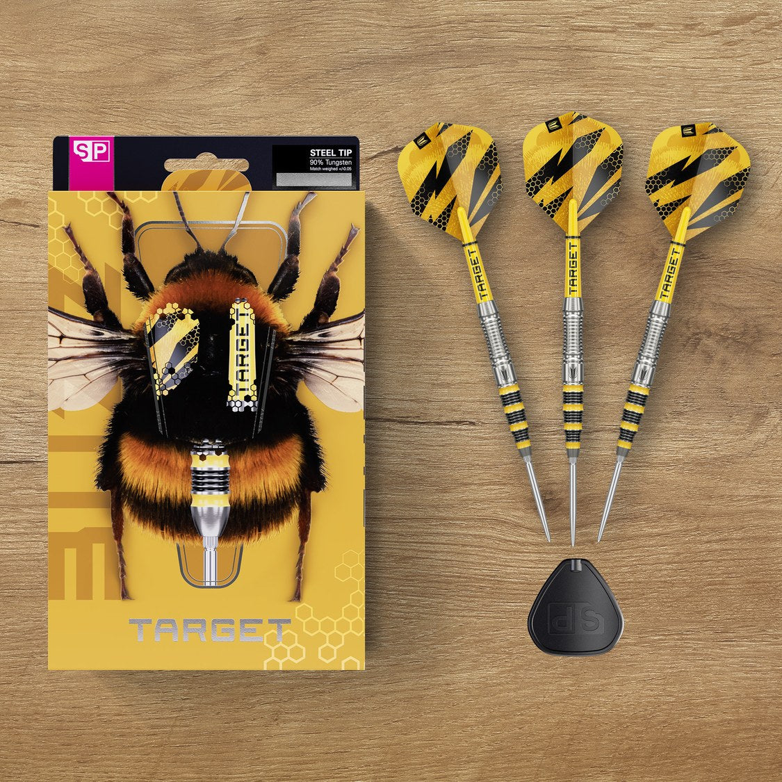 Target Buzz 03 darts with bumblebee packaging on a wooden table