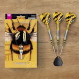 Target Buzz 03 darts with bumblebee packaging on a wooden table