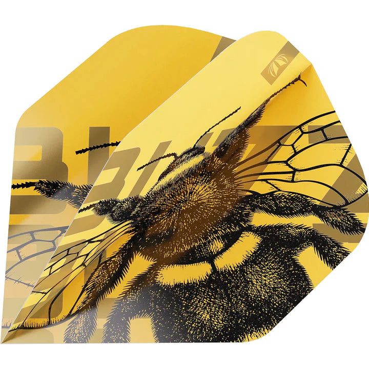 Close-up angled view of yellow No.2 dart flight featuring detailed bee graphic, highlighting design for dartboard accuracy
