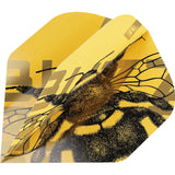 Close-up angled view of yellow No.2 dart flight featuring detailed bee graphic, highlighting design for dartboard accuracy