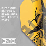 Macro close-up of Buzz Pro Ultra No.2 dart flight featuring detailed bee graphic and yellow finish for dart accessories