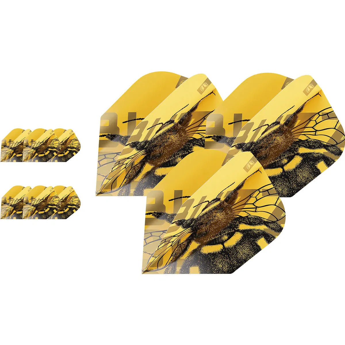 Three sets of No.6 shape yellow dart flights with bee design, arranged on white background for dart accessories buyers