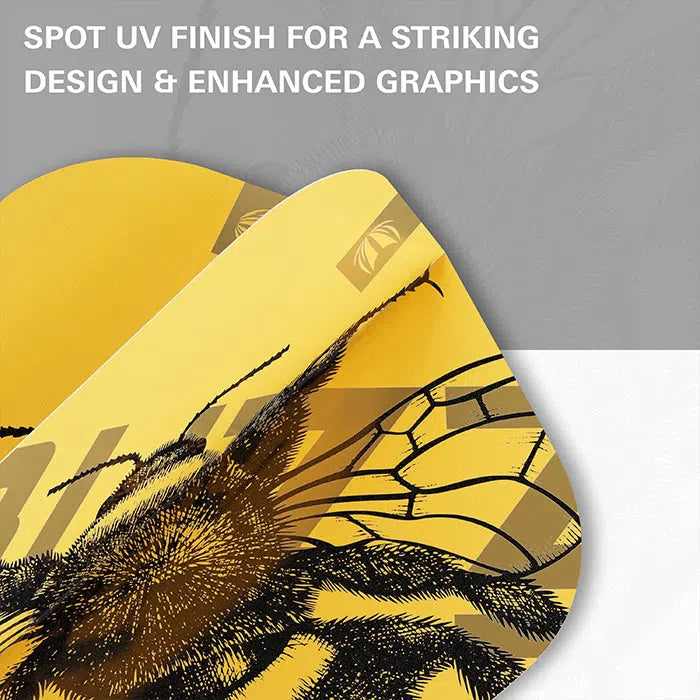 Macro close-up of yellow dart flights showing spot UV finish, sharp bee graphic, and textured ultra durable material