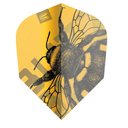 Close-up of No.6 dart flight with detailed bee illustration, yellow color, isolated on white for dart accessory buyers