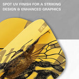Close-up of yellow dart flights with UV finish, showcasing bee graphic and sharp detail for dart accessories buyers