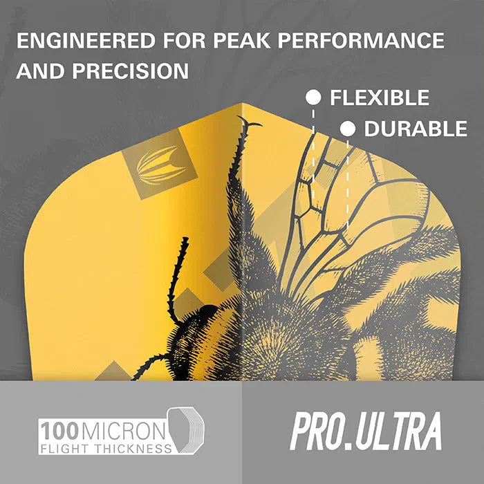 Close-up of dart flight showing 100 micron thickness, Pro.Ultra durability, and honeybee design for dart players