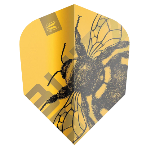 Close-up of yellow dart flight with detailed bee graphic, single flight isolated on white, pro ultra Ten-X shape for darts